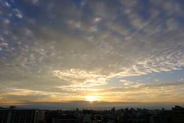 都市の夜明け。東の空が明るくなり雲がまだ昇る前の太陽に照らせら美しいグラデーションを見せる。神戸市内から大阪方面を臨む。