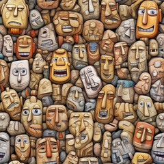 Seamless background from a pile of stone or ceramic grotesque faces, that are on top of each other.