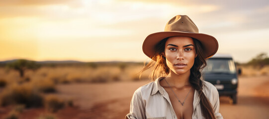 Young  woman wearing adventurer outfit and hat on african safari. Standing next to off road...