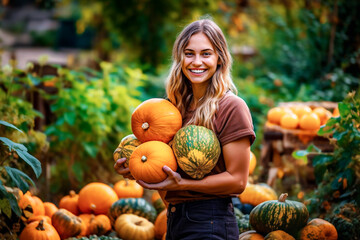 Happy young woman holding pumpkins in her hands in a pumpkin patch. selective focus.  - obrazy, fototapety, plakaty