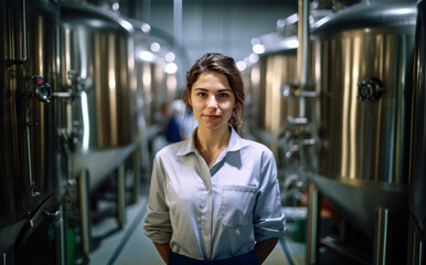 Brewery worker. Young woman working in modern beer production factory, blurred large steel fermentation tanks in background. Generative AI