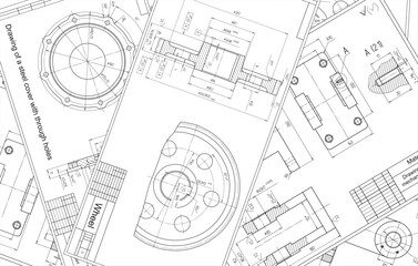 Vector engineering drawing of a steel mechanical parts with through holes.
Industrial cad scheme on white paper sheets. Technology background.