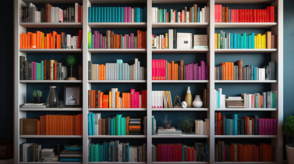 A bookshelf stocked with reference materials and books