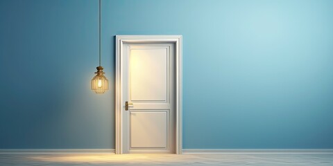 An open door casts a solitary golden light on a blue background. a feature in interior design. Modern minimalist design. Imaginary analogy