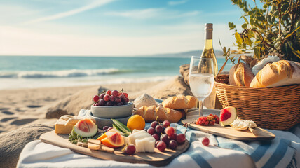 Picnic setup on the beach featuring a variety of food and beverages