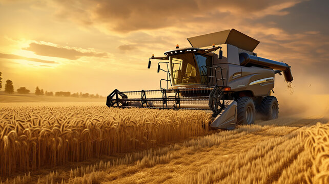 The operational combine harvester is gathering the wheat