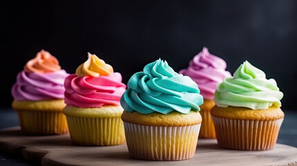 Set of cupcakes with colorful cream and copy space