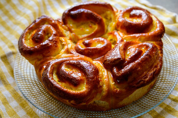 Fresh homemade baked sweet brioche cake, French cuisine