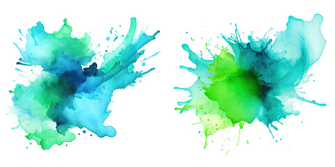 Splashes of blue and green watercolor paint strokes on an isolated canvas - obrazy, fototapety, plakaty