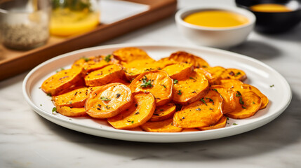 A small plate of roasted sliced sweet potatoes. A small, Generative Ai