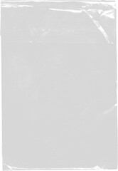 plastic transparent cellophane bag, texture looks blank and shiny, plastic surface is wrinkly, old, vintage realistic mockup for packaging food and goods, nylon bag with lock or zip crumpled, template