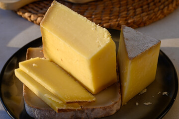 Cheese collection, French cow cheese comte, beaufort, abondance