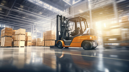 Forklifts in motion, moving and transferring goods within the warehouse - obrazy, fototapety, plakaty