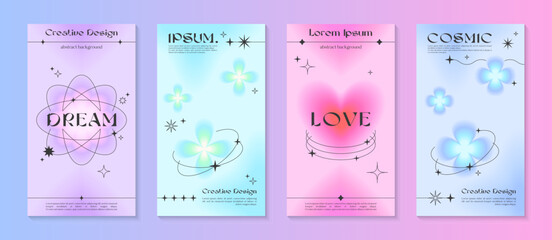 Vector insta story gradient templates with linear shapes,heart,blurred sparkles,copy space for text in 90s style.Smm banners in y2k aesthetic.Designs for social media marketing,branding,packaging