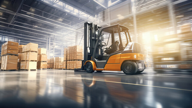 Forklifts in motion, moving and transferring goods within the warehouse