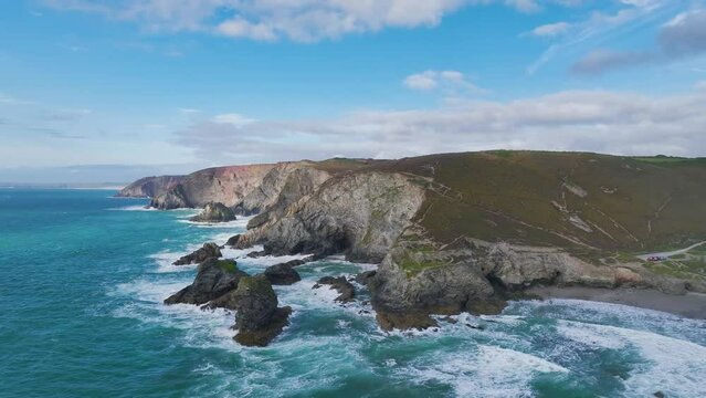 Cliffs over St Agnes from a drone, Cornwall, England, Europe