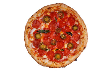 craft pizza with pepperoni and hapanero on a white background