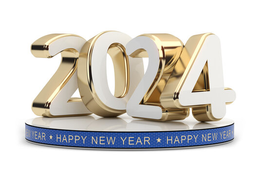 2024 Happy New Year. 3D golden text isolated on white. 3D illustration 