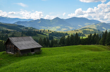 Fototapeta na wymiar Green meadow with wooden shepherd house and mountain range on background. Carpathian Mountains, Ukraine