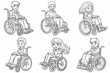 Children in wheelchairs character set. Drawings to color. Perfect for children's coloring books. Artwork can be transformed into vector illustrations. Generative AI
