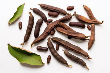 A top view of ripe carob pods and seeds isolate, Generative Ai