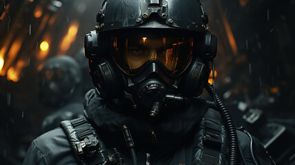 Fototapeta premium combat aircraft pilot with a helmet and goggles is executing maneuvers in the sky