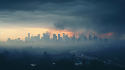 Obraz premium city skyline shrouded in dense smog or haze