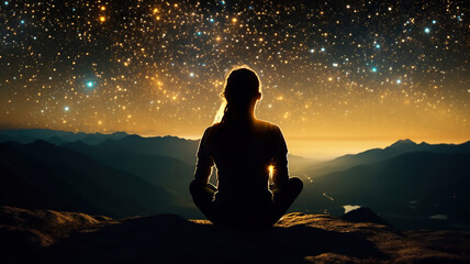 woman silhouette meditating atop a mountain beneath the night stars