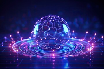 Block chain technology is a decentralized concept from the internets Web 30 generation. AI powered virtual technologies and digital communication A wireframe depicts a sphere with a hexagonal grid.
