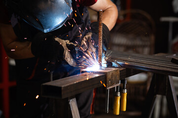 man welder, mig or tig welding, craftsman, erecting technical steel Industrial,  steel welder in factory technical - obrazy, fototapety, plakaty