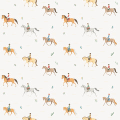 Young riders trotting, seamless vector pattern