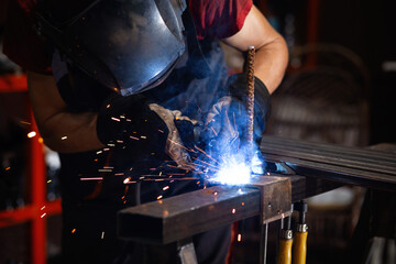 man welder, mig or tig welding, craftsman, erecting technical steel Industrial,  steel welder in factory technical - obrazy, fototapety, plakaty