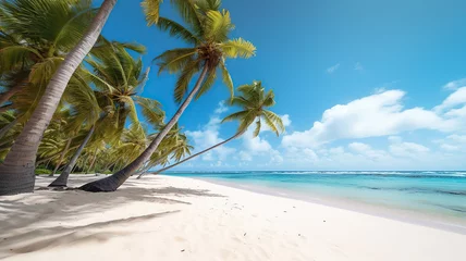 Rolgordijnen Coconut trees gently swaying with the white sandy beach as their backdrop © PRI