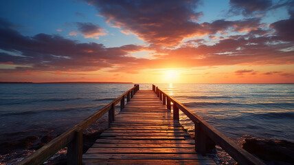 The sea and an old wooden dock are bathed in the light of the rising sun