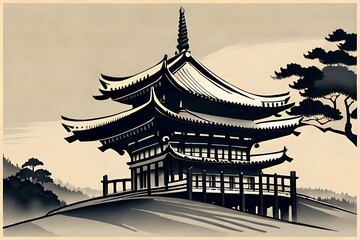 Japanese Semi-e Style Temple Scroll Art
