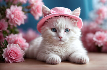 Adorable little white fluffy cat with pink hat wallpaper, cute animal background, banner with copy space text 