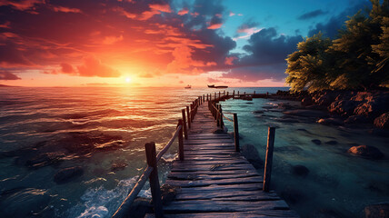 The sun is rising over the sea and an old wooden dock