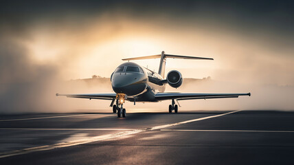 Fototapeta na wymiar private jet sits on the runway with a misty scene in the background