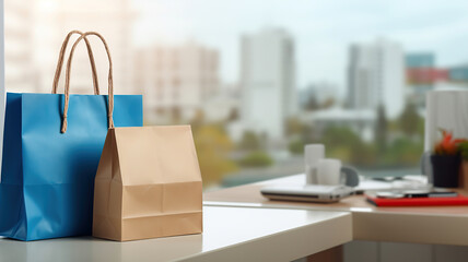 table displays vibrant shopping bags and a parcel box, set against a home office packaging background