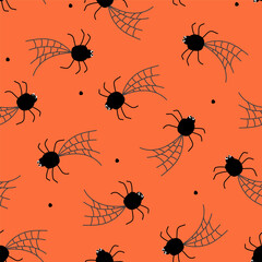 Seamless pattern with spiders weaving a web. Halloween print with scary insects. Vector graphics.