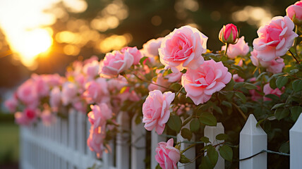 The sunset casts a warm glow on pink roses and a white fence