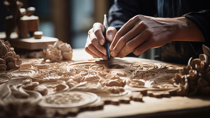 Obraz premium Creating a wooden table adorned with intricate carvings