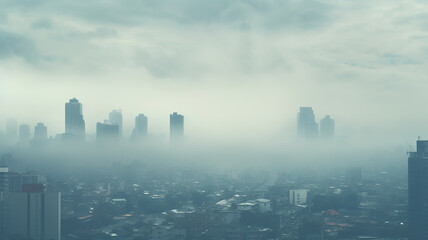 The city skyline obscured by thick smog or haze
