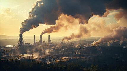 Fototapeta premium Pollutants are being released into the air from industrial chimneys
