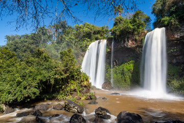 Salto Dos Hermanas, the Two Sisters Falls, in the national park at Iguazu Waterfalls, one of the new 7 natural wonders of the world in all its beauty viewed from the Argentinian side - long exposure