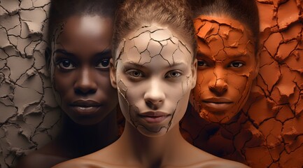 Three faces from the camera view of women with brown skin, eroded surfaces,  dark white and orange, luminous shadowing, deconstructive