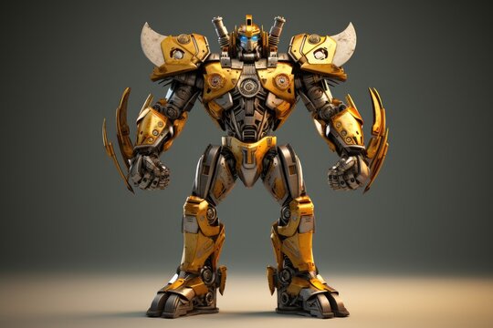 A powerful transformer robot warrior is standing with hands clenched.