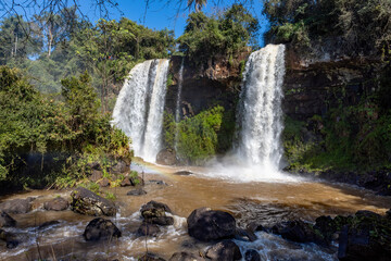Salto Dos Hermanas, the Two Sisters Falls, in the national park at Iguazu Waterfalls, one of the new seven natural wonders of the world in all its beauty viewed from the Argentinian side 