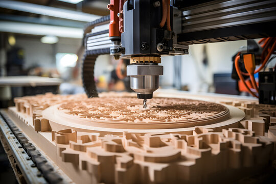 3 axis CNC milling machine is working with plywood or wood engraving a pattern by using an end mill. Generative illustration AI