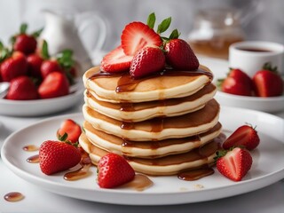 Stack of pancakes with fresh strawberries and maple syrup on a white plate